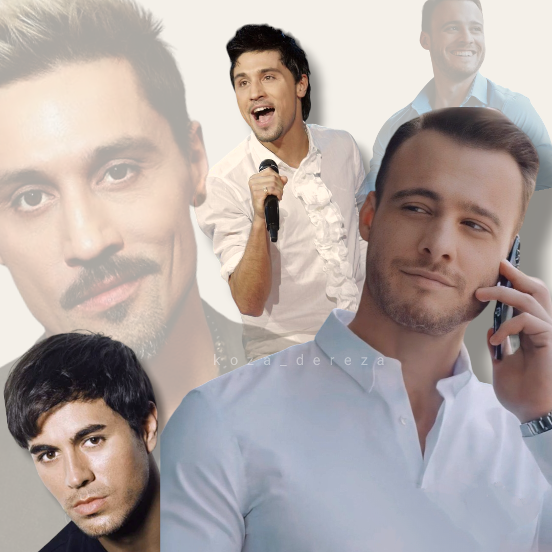 Сделала коллаж со сборкой, можно сказать, разбитых девчачьих сердец. Шутка))) У меня был альбом песен с Энрике Иглесиасом, я хранила его диск как зеницу ока. К Серкану Болату я равнодушна, так как не слежу за турецкими киноактерами, а Дима Билан, ну.. он прыгает виртуозно) Фотоколлаж автора статьи 