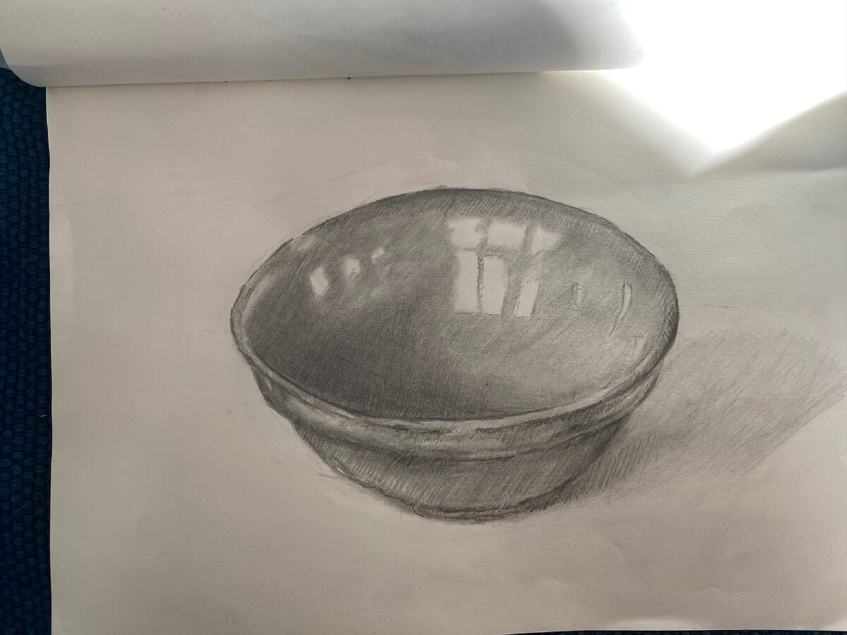 Миска. Очень важно, чтобы она не выходила плоской. Нужно показать ее изнутри и снаружи. Рисунок автора