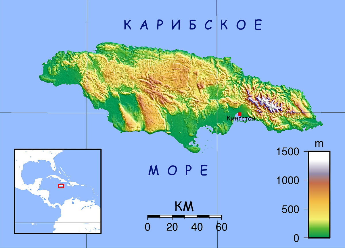 Физическая карта Ямайки. 