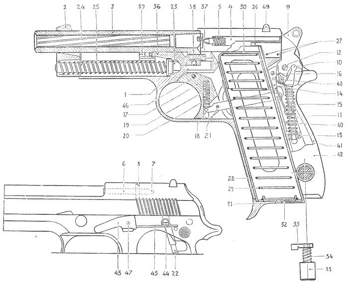 Схема устройства пистолета Беретта обр. 1951 года.