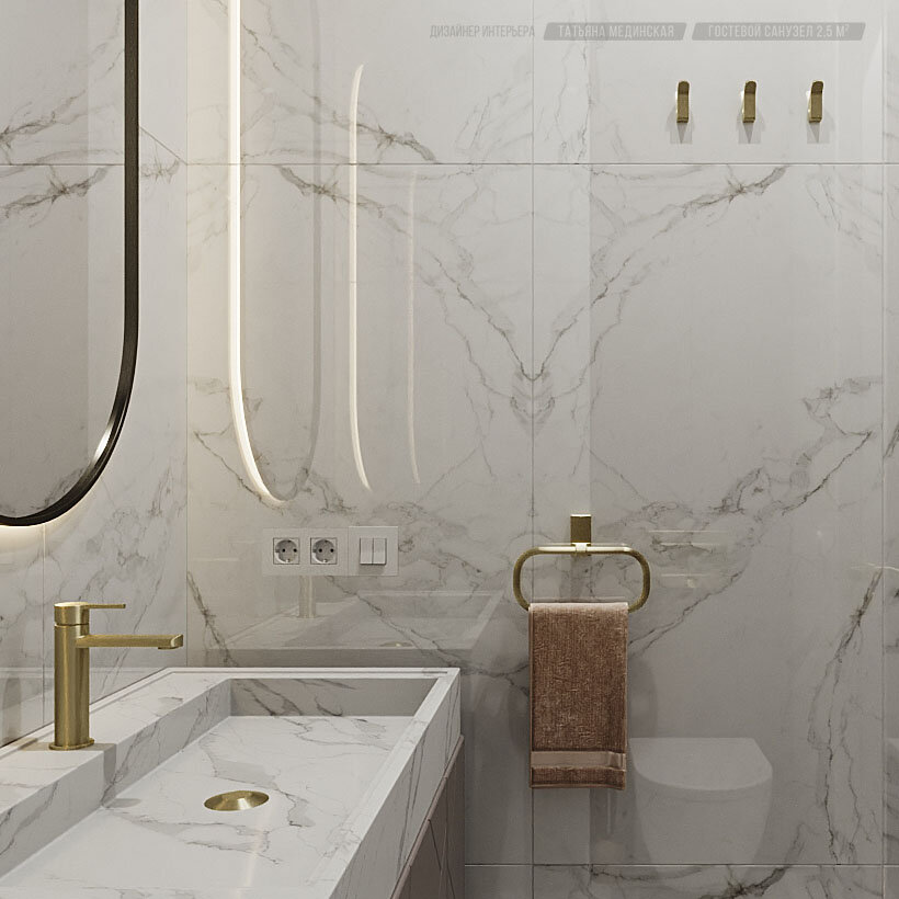 Cтены в белом камне, раковина под белый мрамор в интерьере санузла