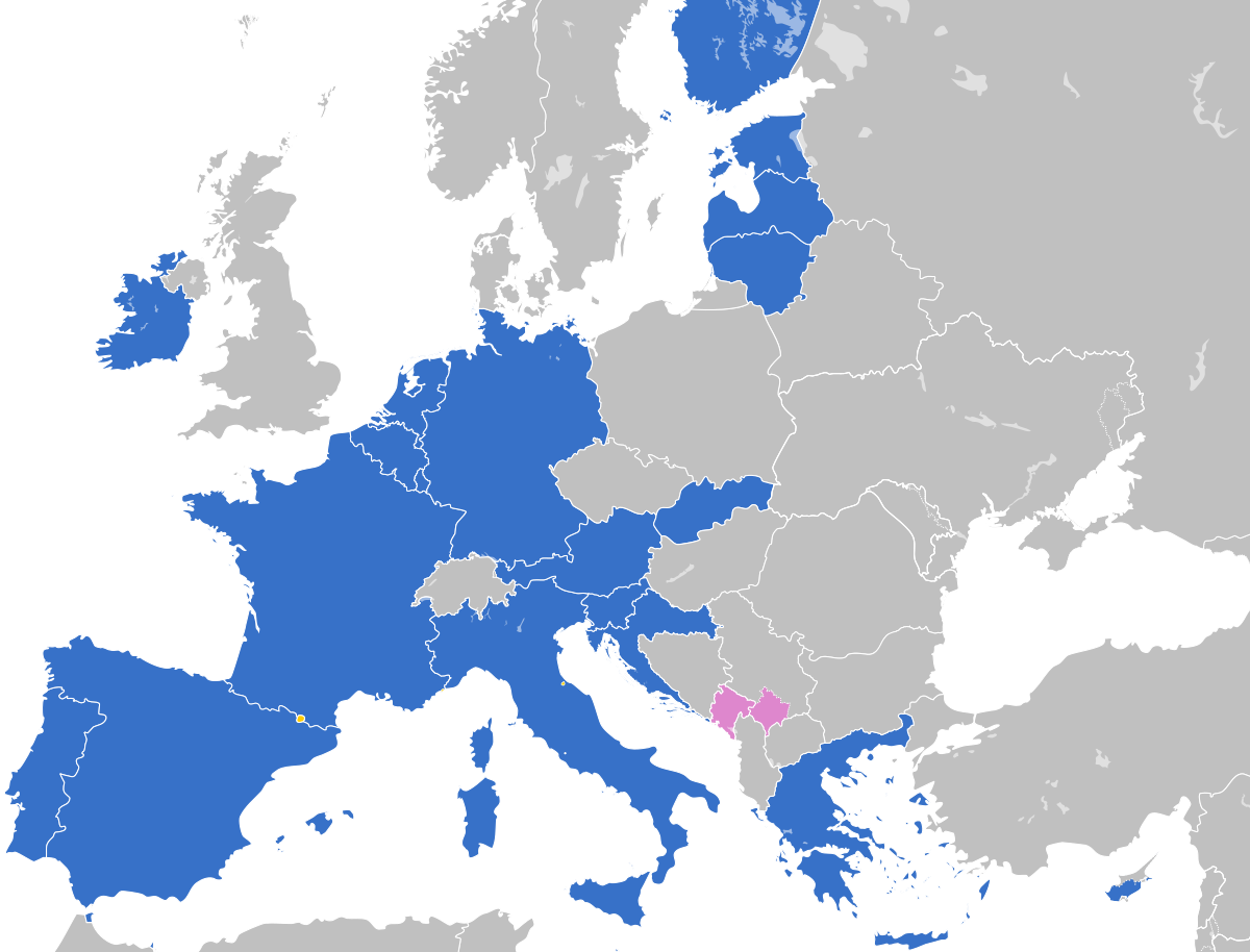 Карта распространения евро. Синим отмечены страны 'еврозоны'. Розовым - Черногория и Косово.