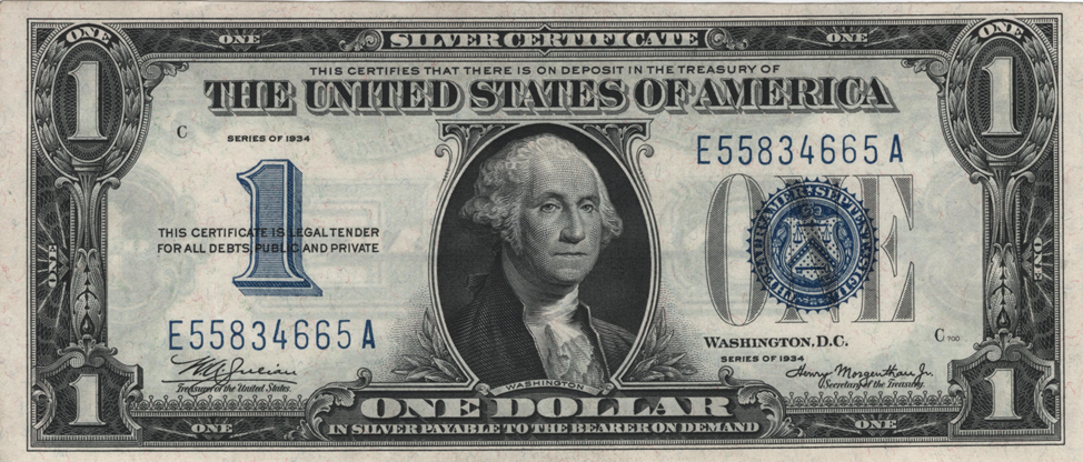 1 Доллар 1934 год. Банкноты США. Доллары с синей полосой. США 1934. Вес 1 доллара
