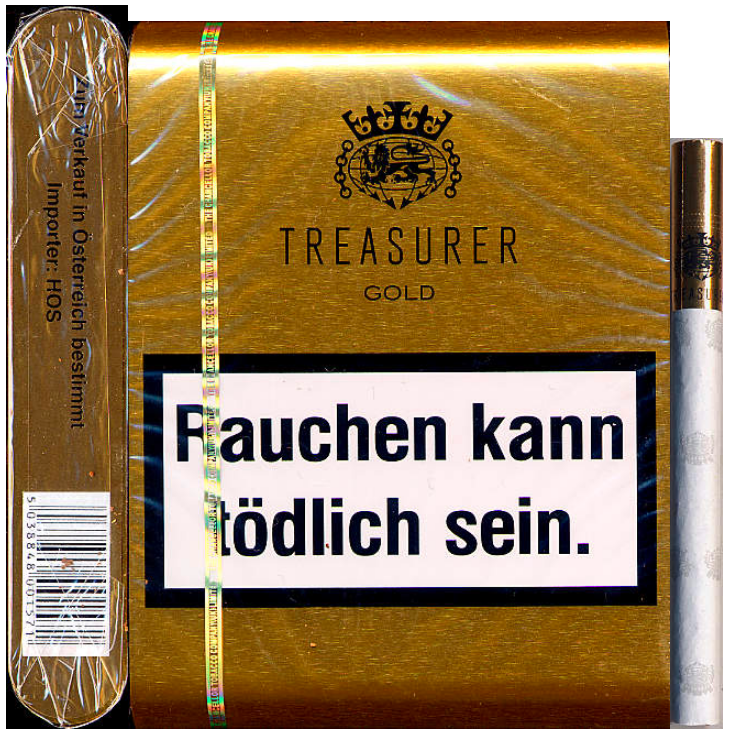 "Treasurer Gold". Были проданы в Австрии в 2011 году. 20 сигарет в металлическом футляре, сверху целлофан. 
