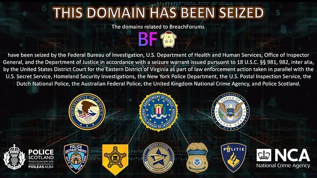    Надпись «Этот домен конфискован». Под ним изображена собака с аватарки Pompompurin в наручниках. Скриншот: BreachForums