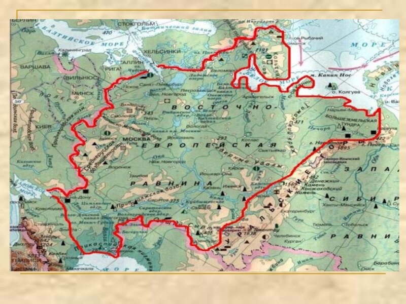В какой части находится восточно европейская. Восточно европейская русская равнина на карте. Границы Восточно европейской равнины на контурной карте. Восточно-европейская низменность на карте России. Географическая карта России Восточно европейская равнина.