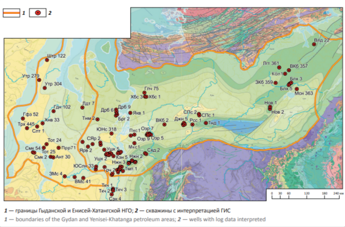 Обзорная карта Гыданской и Енисей-Хатангской НГО с нанесенными проинтерпретированными скважинами