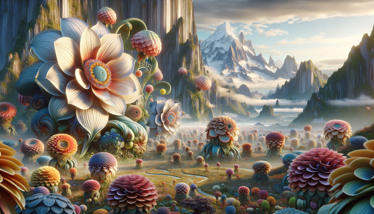 Картинка создана в нейросети Dall-e. Промт: imaginative landscape with oversized, fantastical flowers and a majestic mountain view, created from the perspective of a small bug. 
highly detailed, realistic, 9:3 ratio
