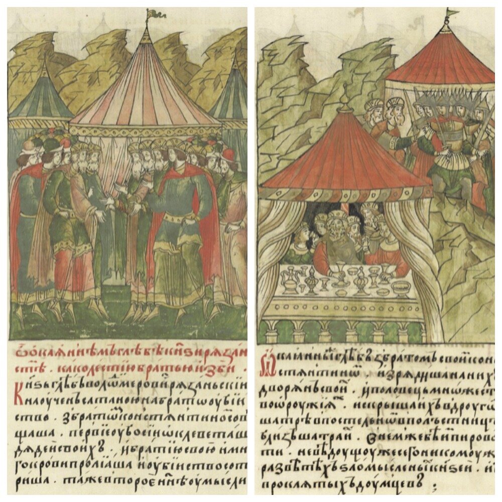 Миниатюры из Лицевого свода XVI в. Слева направо: Глеб и Константин приветствуют князей/ Глеб и Константин посылают убийц на князей