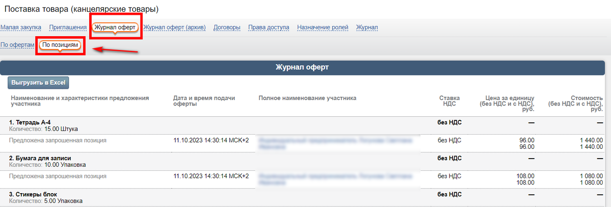 Журнал оферт: по позициям