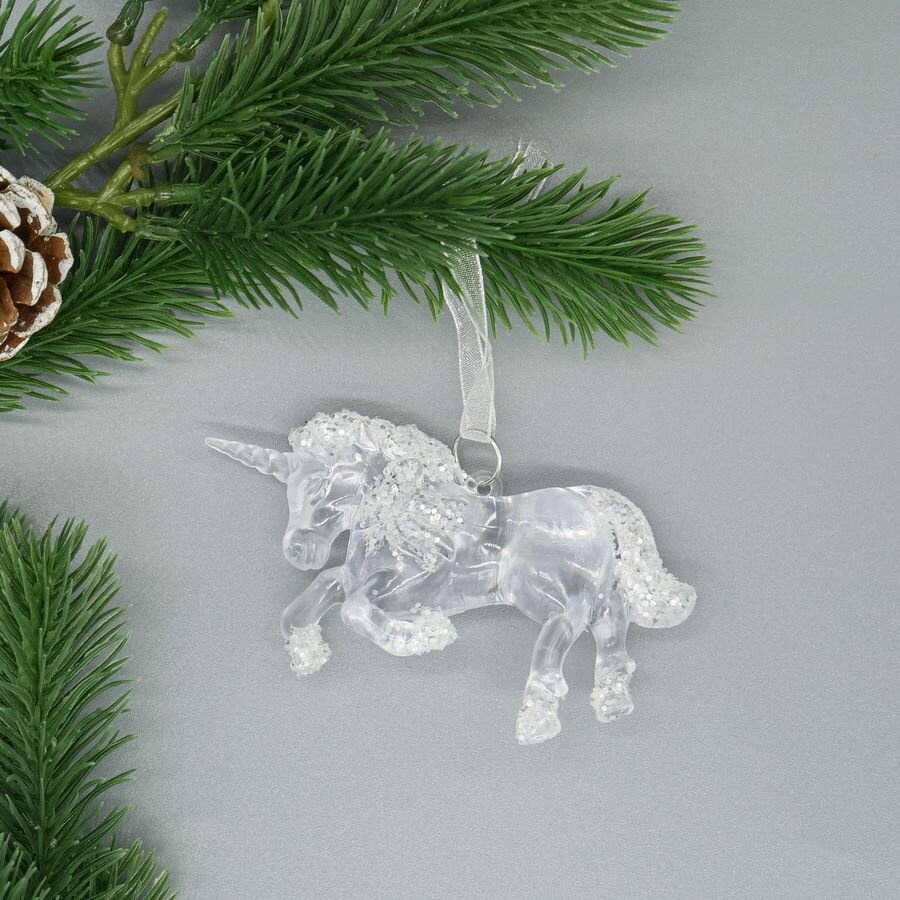 Елочное украшение Единорог прозрачный блеск 10,5х8,5 см