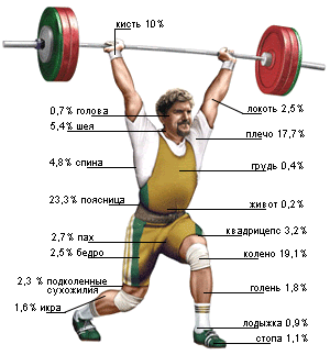 Распределение травм в тяжелой атлетике по участкам тела