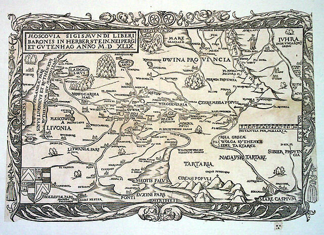Карта Московии, изданная Сигизмундом фон Герберштейном в 1549 году. В правой части карты показана Сибирь. Фото является общественным достоянием.