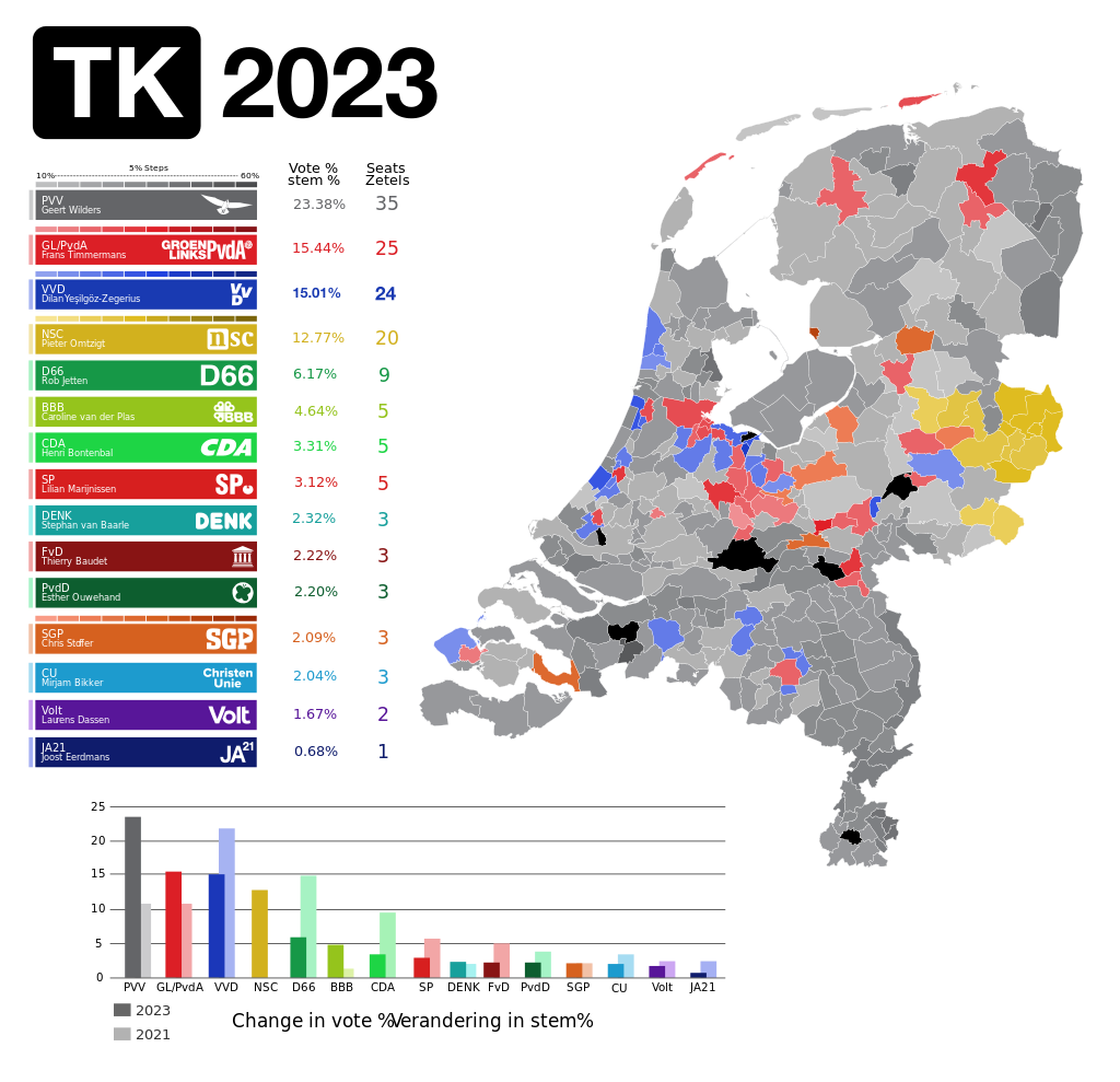 Карта результатов парламентских выборов Королевства Нидерландов в 2023 году