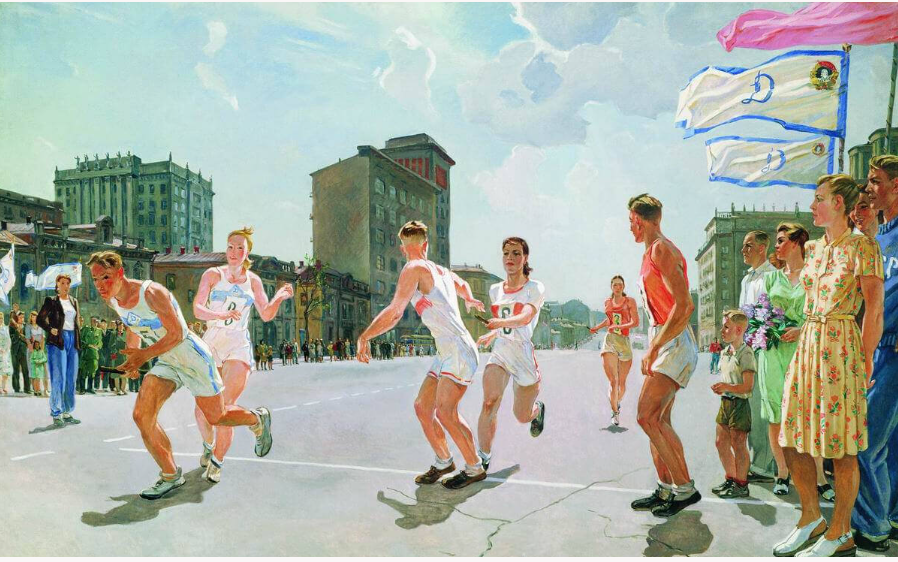 Художник Александр Дейнека. «Эстафета по кольцу „Б“», 1947 год.