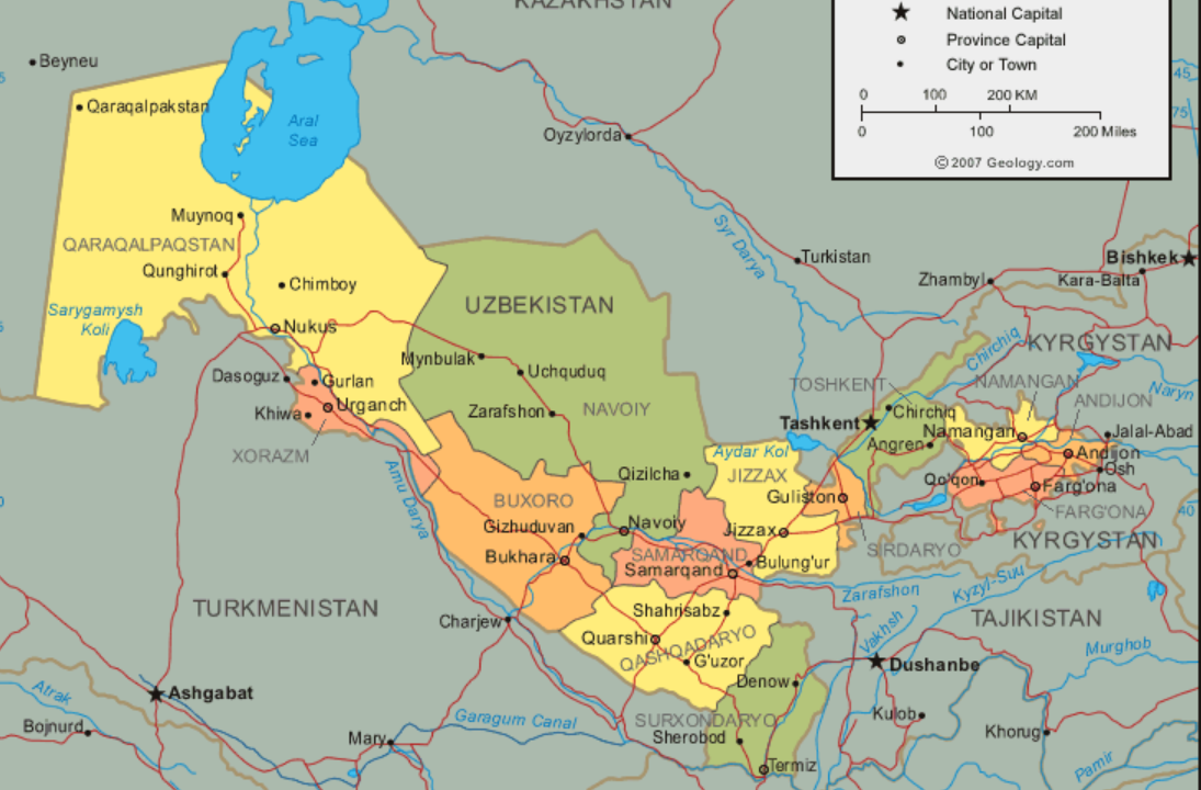 Карта узбекистана по областям и районам