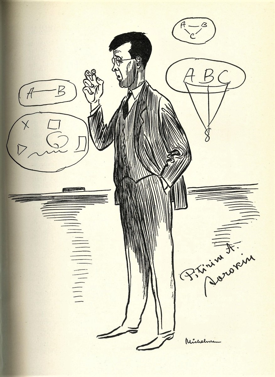 Шарж на Питирима Сорокина — лектора в Гарварде. Harvard Guardian, vol. II, no. 2 (Ноябрь 1937), стр. 11. 