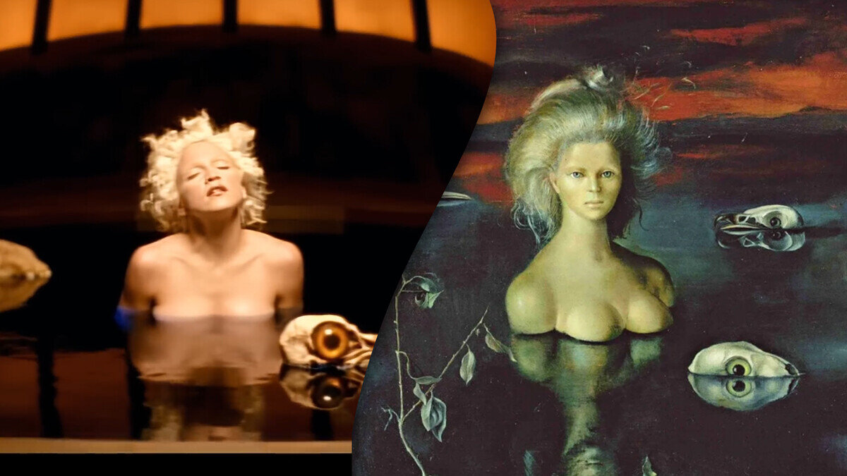 Иллюстрация фрагмент из видео «Bedtime Story» певицы Мадонны и фрагмент картины «Конец света» художницы Леоноры Фини, 1949