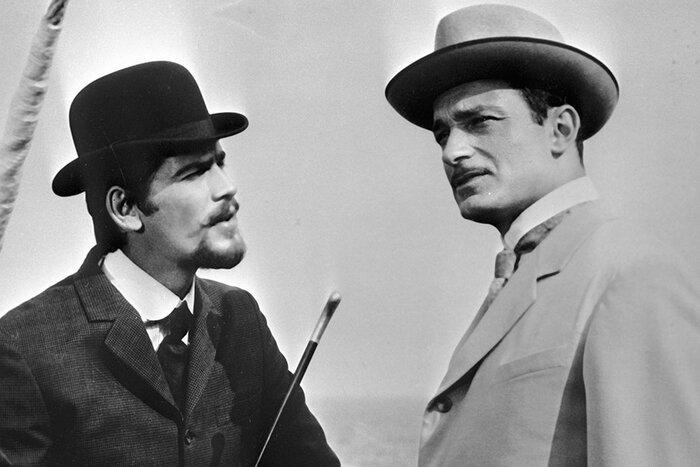 Стефан Данаилов и Валентин Гафт на съемках фильма «Первый курьер», 1968