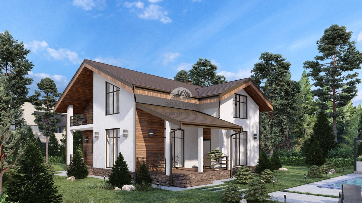 Проект дома 204 м2 с мансардным этажом, балконом и террасой - П229