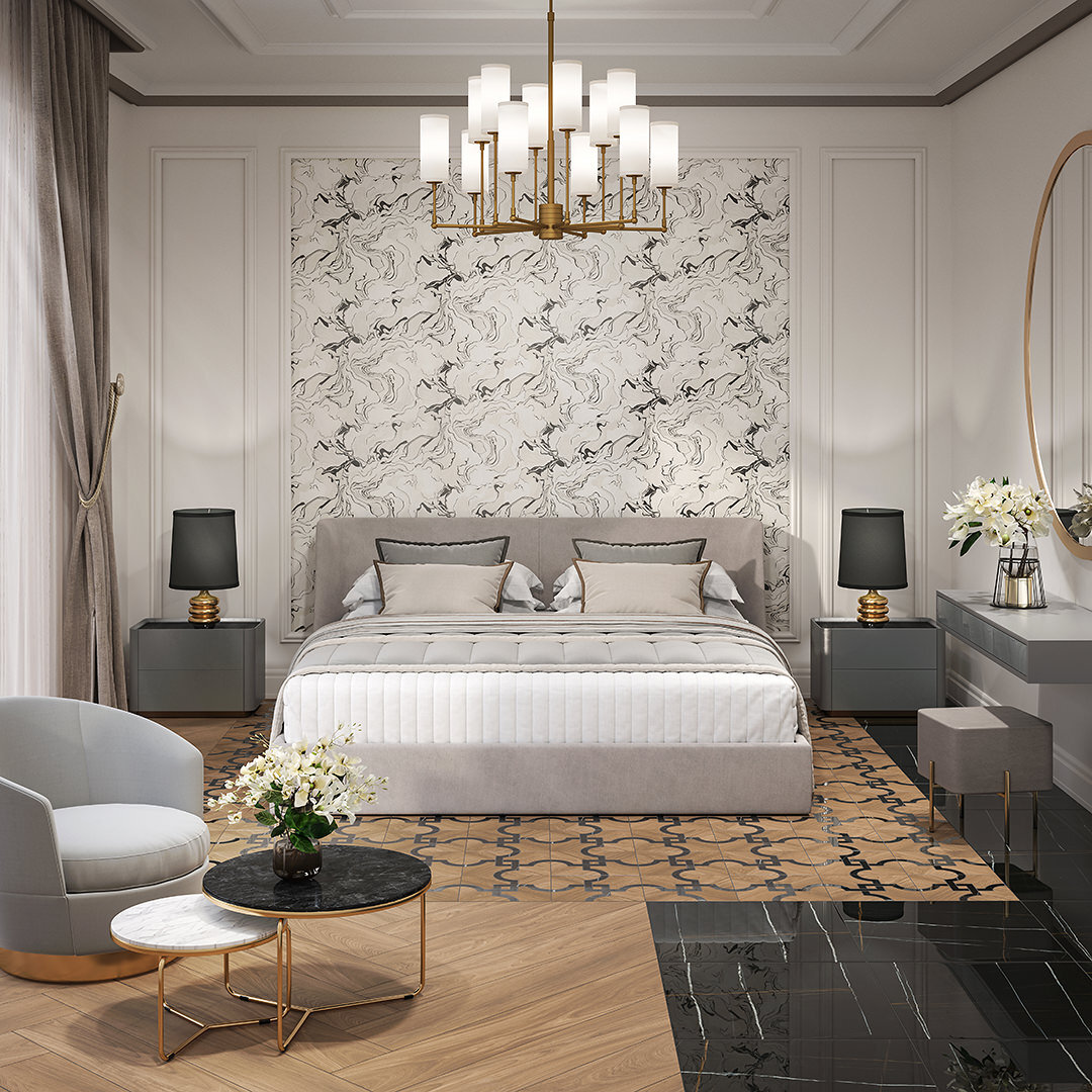 Акцентный элемент в спальне в современном стиле — обои с абстрактным рисунком. На полу керамический гранит «Греппи» воспроизводит темный мрамор, а «Монтиони» повторяет оттенок светлой древесины.