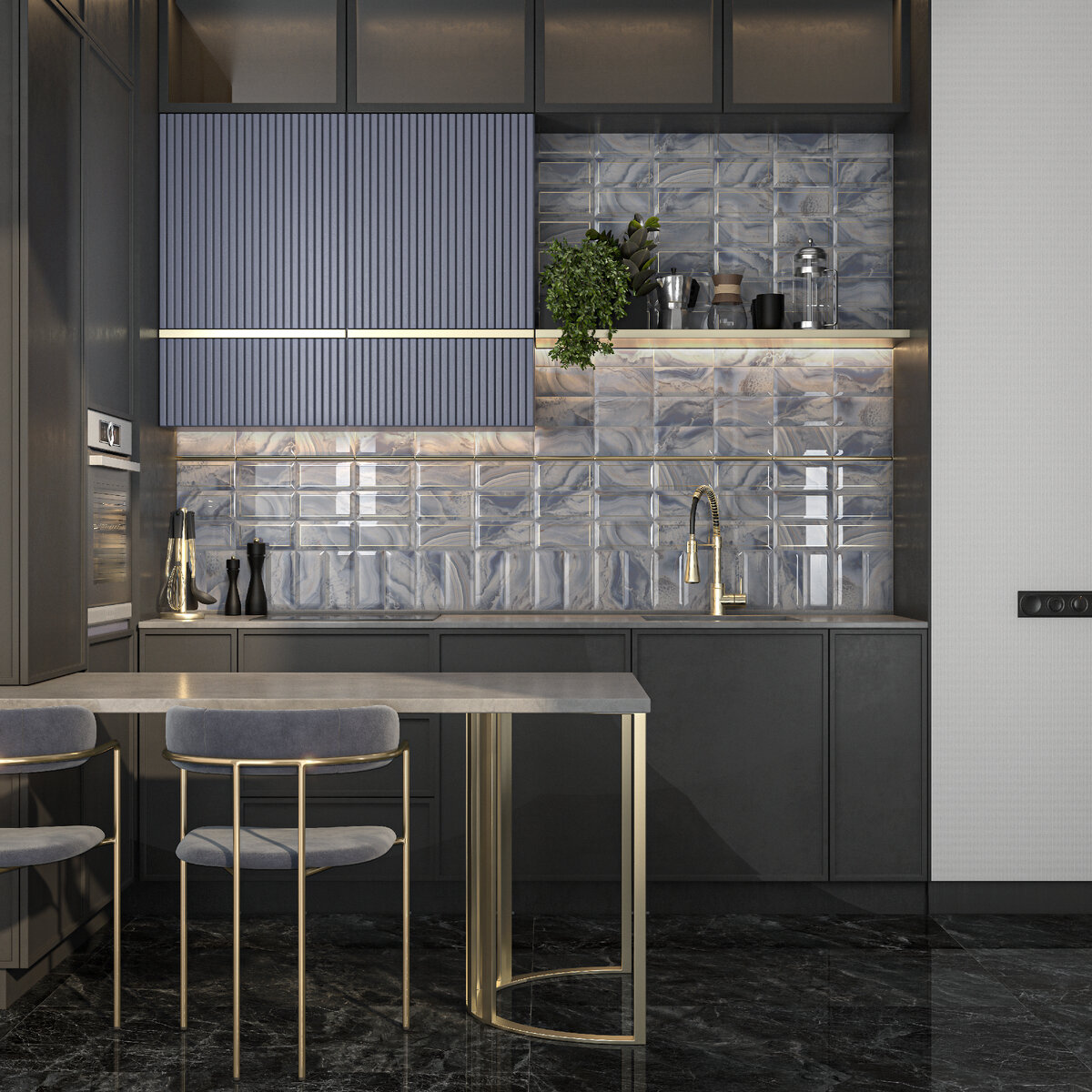 Керамическая плитка «Сеттиньяно» создает необычный контраст с черным полом из керамогранита.