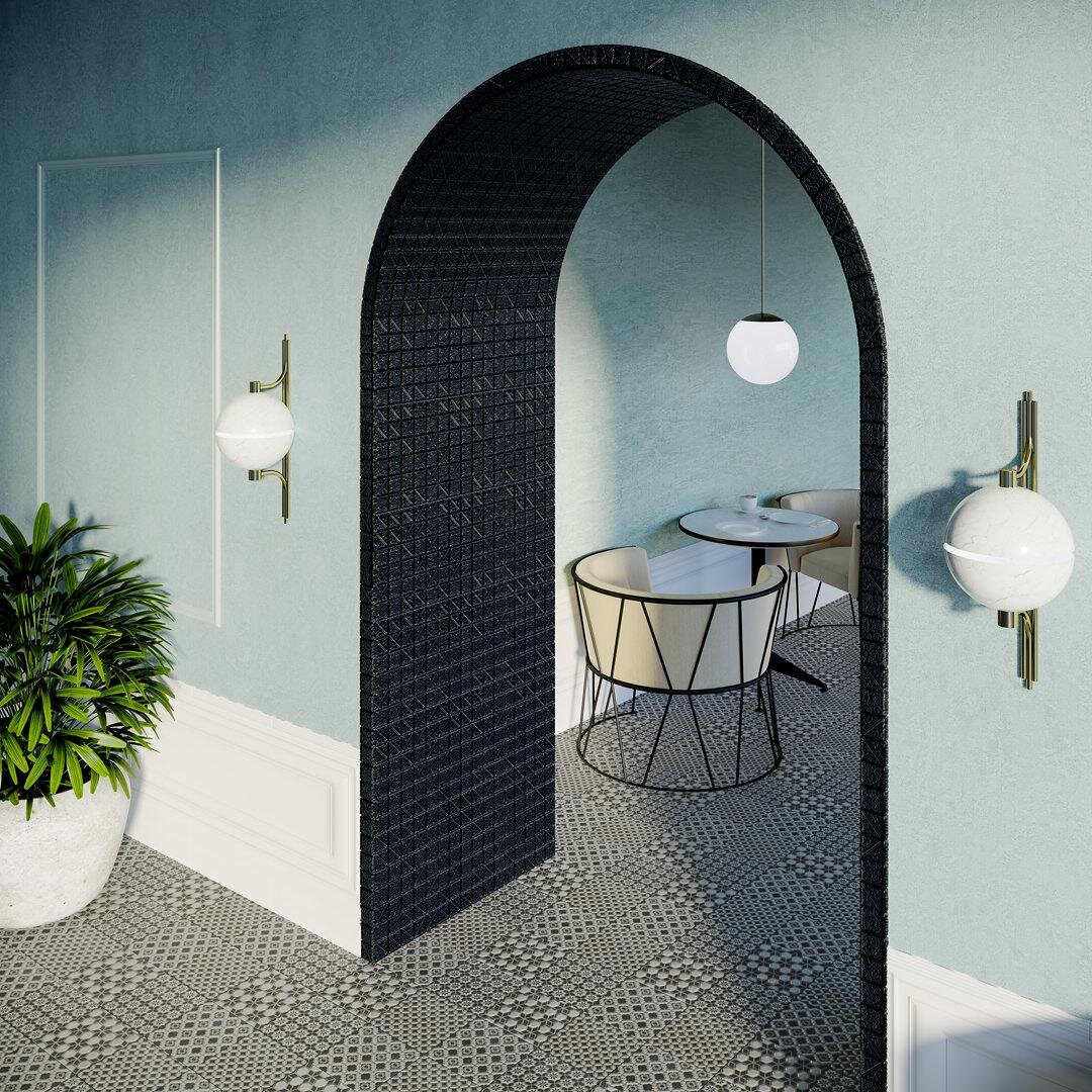 Черно-белая керамическая плитка из серии «Фреджио» поможет расставить визуальные акценты в прихожей.