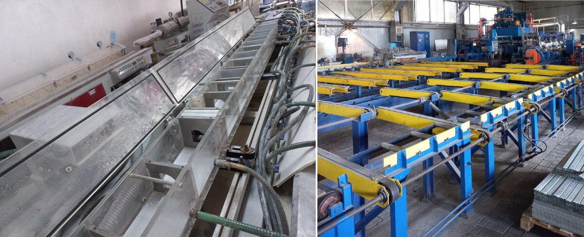 Слева - экструдер ПВХ, справа - пресс для производства алюминиевого профиля