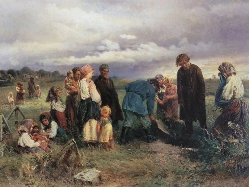 КОНСТАНТИН МАКОВСКИЙ. ПОХОРОНЫ РЕБЕНКА В ДЕРЕВНЕ (ФРАГМЕНТ). 1872. СЕВАСТОПОЛЬСКИЙ ХУДОЖЕСТВЕННЫЙ МУЗЕЙ ИМ. М.П. КРОШИЦКОГО, СЕВАСТОПОЛЬ