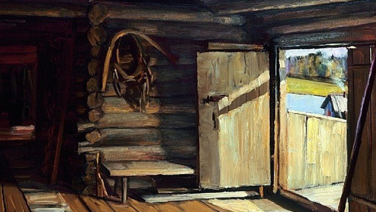 Прощание с избой. Картины художника Чайникова Григория Леонтьевича. Картины Григория Чайникова в окне.