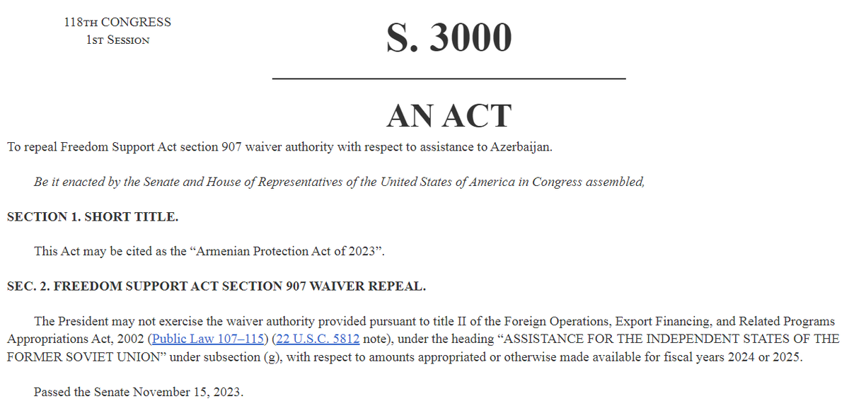 16 ноября 2023 года Сенат США принял акт о приостановке военной помощи Азербайджану, сообщает Армянская ассамблея Америки.-2