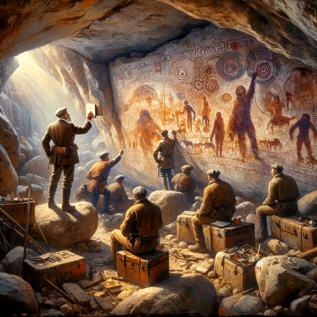 Иллюстрация обнаружения древних пещерных рисунков в Крыму. (Иллюстрации являются плодом фантазии и индивидуального восприятия автора и могут не точно отражать реальность.)