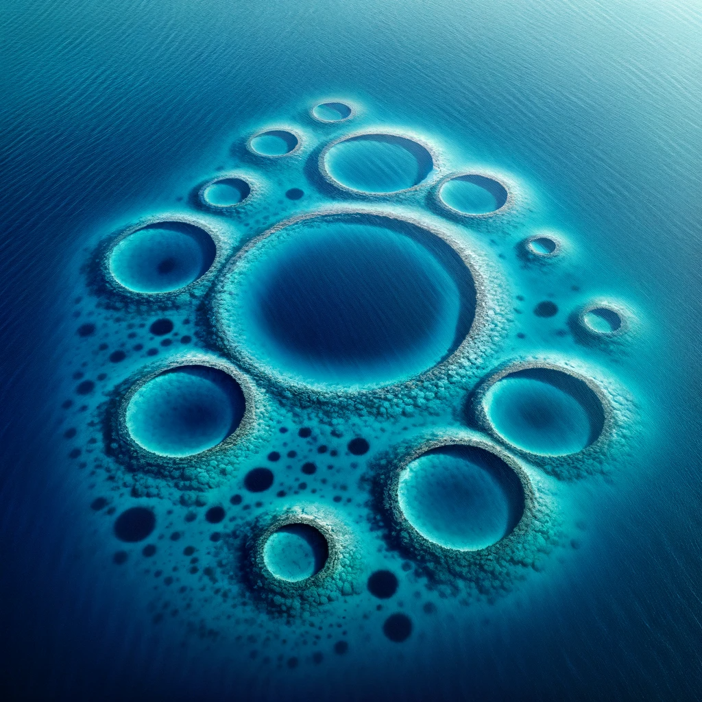 Иллюстрация показывает вид сверху на удивительные подводные круги в Белом море. Круги имеют идеально ровные края и большие диаметры, которые ярко выделяются на фоне темно-синих вод моря. (Иллюстрации являются плодом фантазии и индивидуального восприятия автора и могут не точно отражать реальность.)