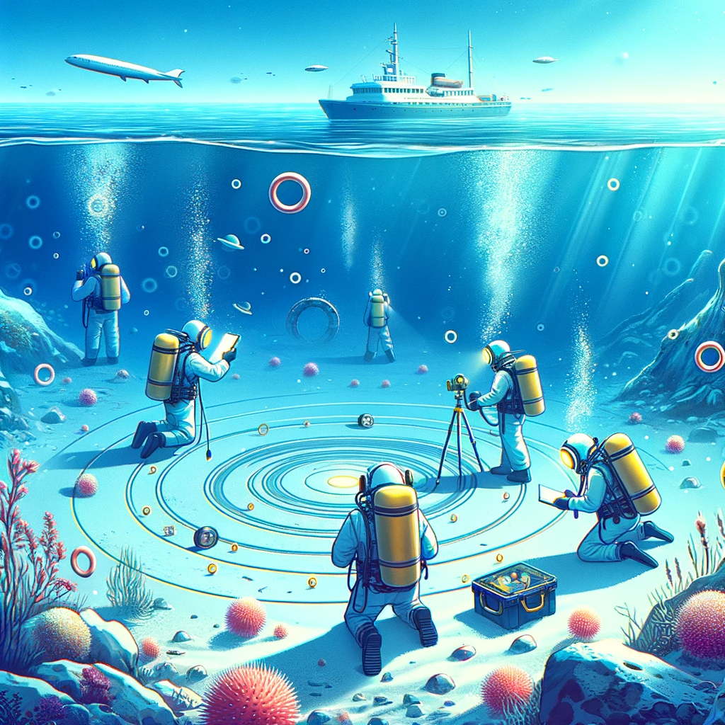 На иллюстрации изображены ученые, погружающиеся под воду для изучения загадочных кругов. Они осматривают морское дно и собирают образцы для анализа, обсуждая различные гипотезы происхождения этих кругов. (Иллюстрации являются плодом фантазии и индивидуального восприятия автора и могут не точно отражать реальность.)