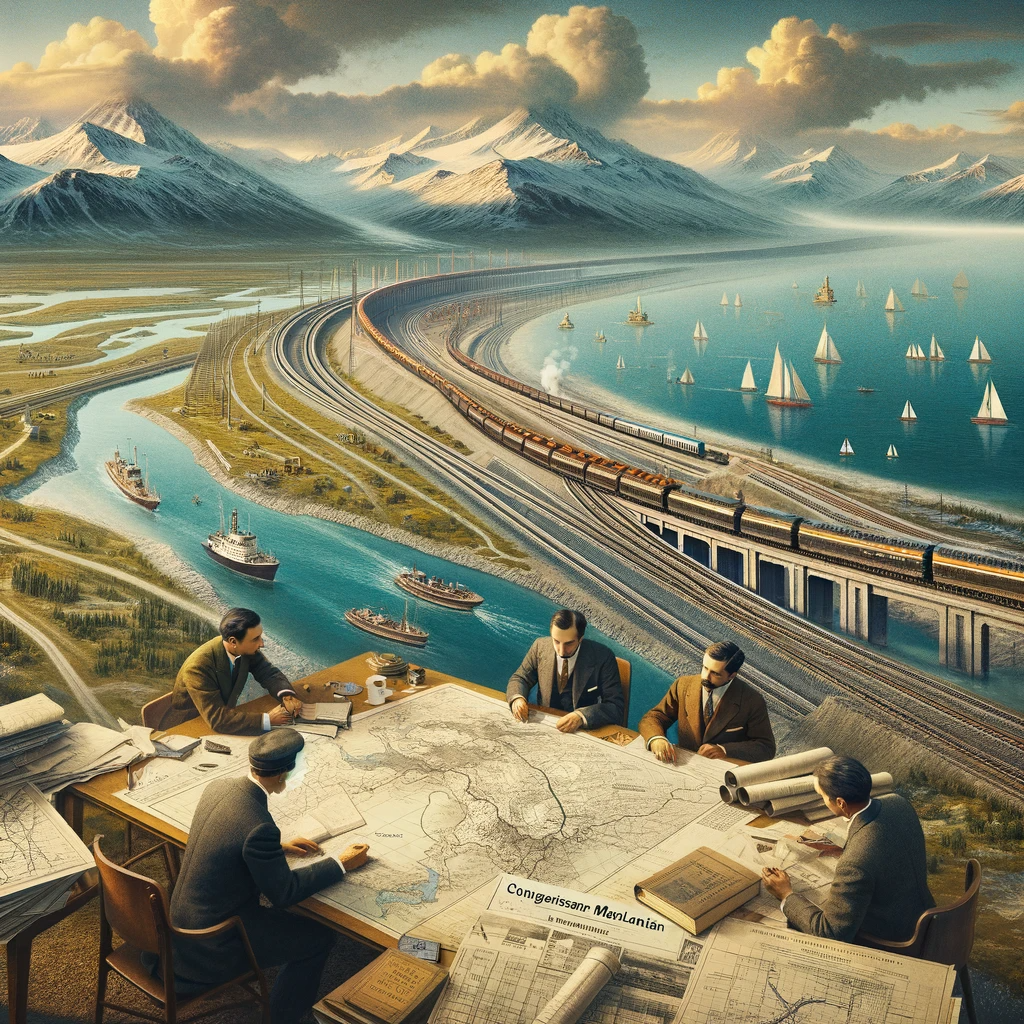 Иллюстрация показывает начальный этап планирования и картографирования БАМа. Инженеры и планировщики обсуждают проект, изучая карты и чертежи, что отражает масштаб и амбициозность задумки. (Иллюстрации являются плодом фантазии и индивидуального восприятия автора и могут не точно отражать реальность.)