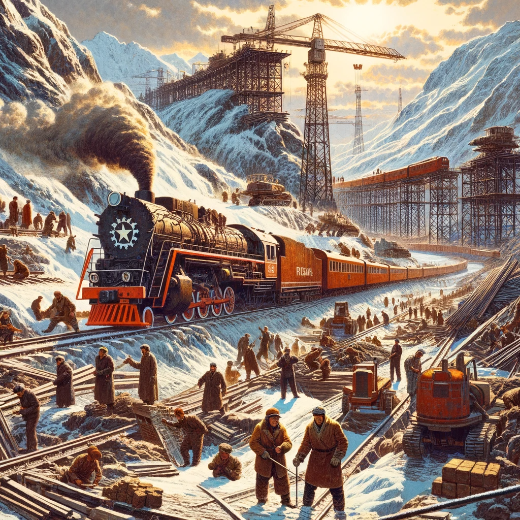 На иллюстрации изображены рабочие и инженеры, трудящиеся в суровых сибирских условиях. Они работают среди грубой местности с использованием строительной техники, что демонстрирует сложность и героизм строительства. (Иллюстрации являются плодом фантазии и индивидуального восприятия автора и могут не точно отражать реальность.)