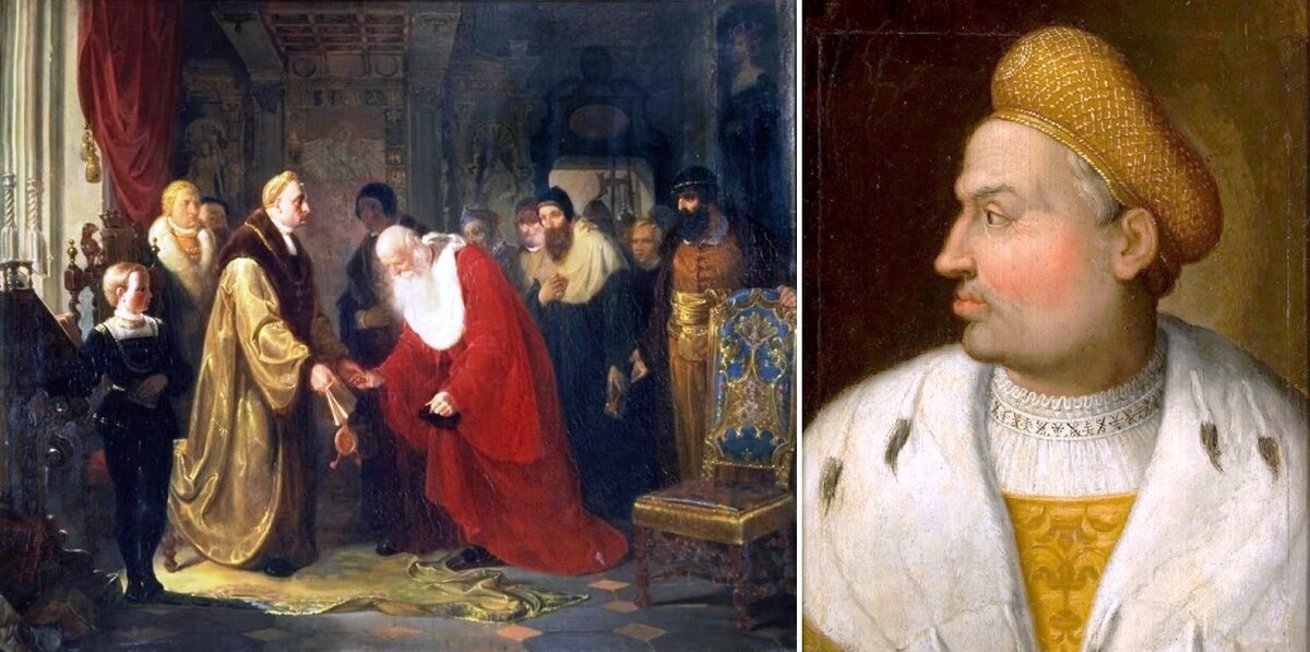 Справа: Портрет польского короля Сигизмунда I, художник Ганс фон Кульмбах, 1511-1518 гг.
Слева: Картина Яна Матейко. Монарх Сигизмунд дарует дворянский титул профессорам Ягеллонского университета в 1535 году 