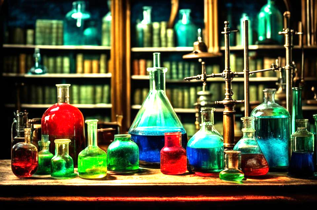 Химическая лаборатория на фоне книг, изображение сгенерировано нейросетью Кандинский 3.0
