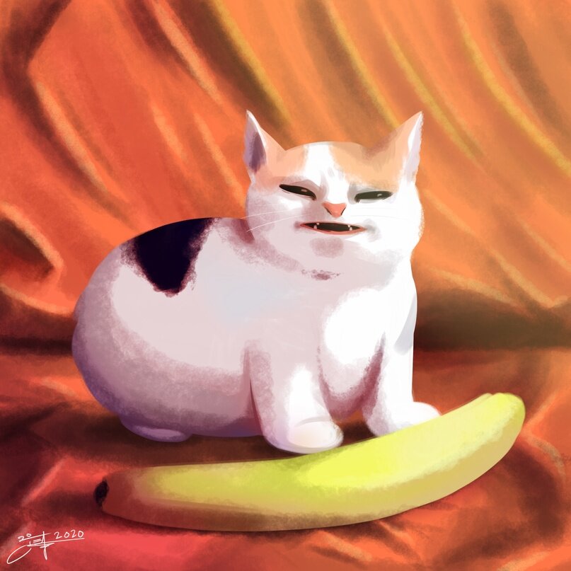 Великий кот сайт. Бананья кошка. Картины BANANACAT. Курсед Кэт. Кошка бананчик.