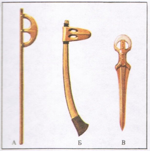 С появлением металлов люди получили материалы, поддающиеся обработке гораздо легче, чем камень, дерево или кость. Сначала это были мягкие металлы (золото и медь), затем бронза и наконец железо. На рисунке изображены орудия Древнего Египта: топорик с двумя проушинами (А) (около 1900 г. до н. э.), топорик с искривленной рукоятью (Б) (около 1800 г. до н. э.) и бронзовый кинжал (В) (около 1650 г. до н. э.).