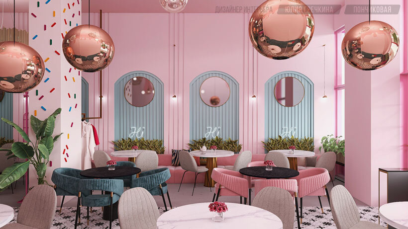 Интерьер кафе пончиковая, зеркальные шары
