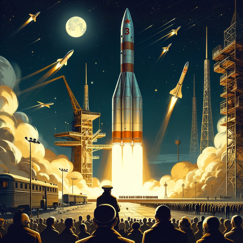 Иллюстрация демонстрирует исторический момент запуска "Спутника-1". На переднем плане изображен ракетный старт с космодрома, где ракета взмывает в небо, оставляя за собой след дыма. Вокруг пусковой площадки собрались зрители, наблюдающие за этим важным событием.