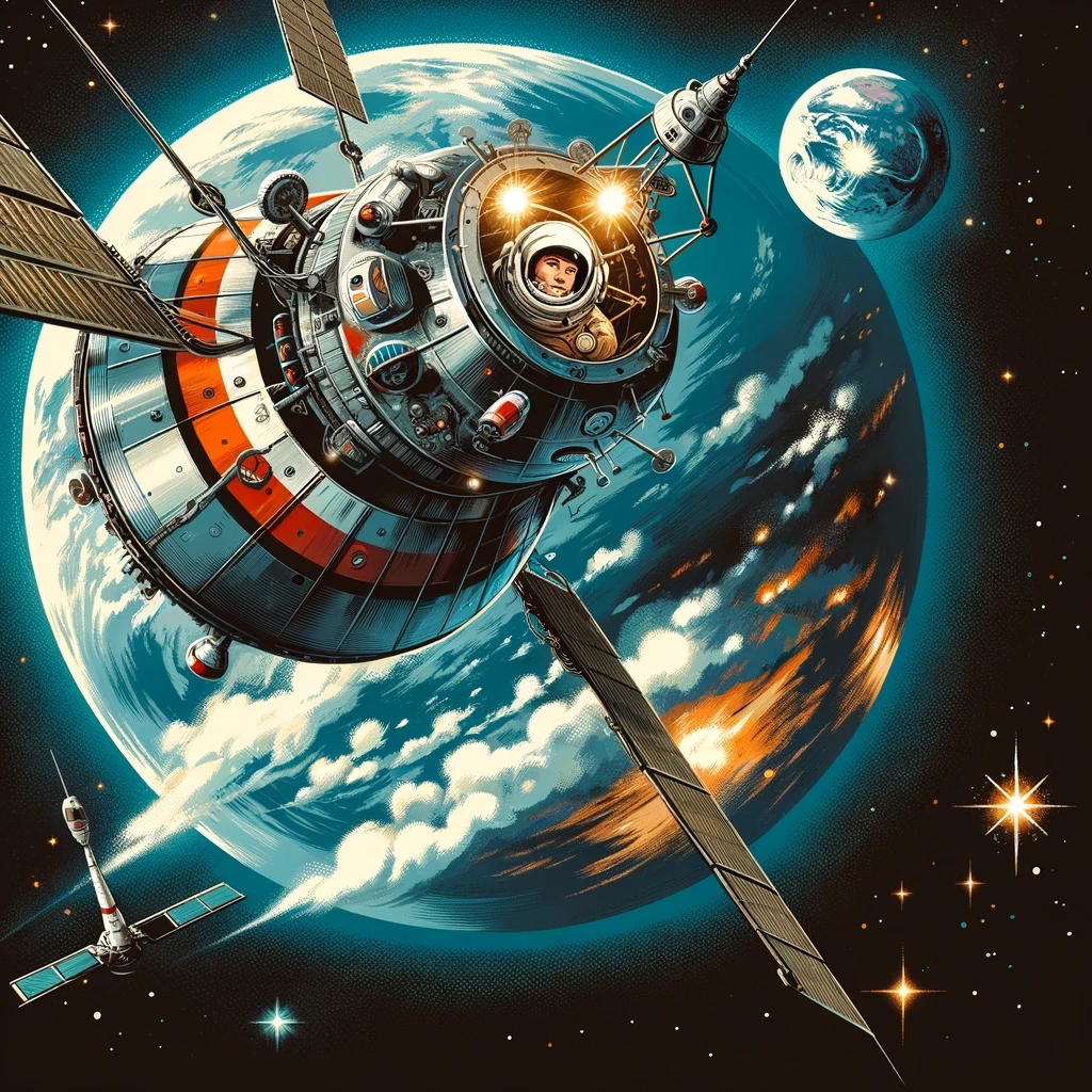 На иллюстрации представлен космический корабль "Восток-1" с Юрием Гагариным на борту, находящийся на орбите Земли. Гагарин внутри капсулы смотрит на планету, открывая для себя невиданные ранее виды космоса и Земли.