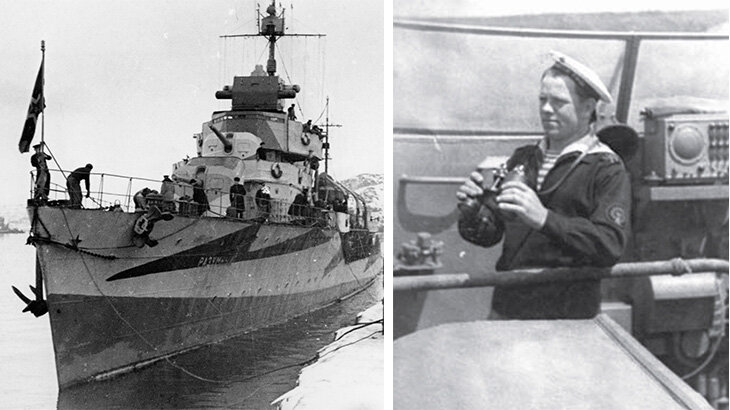 Эсминец "Разумный" у причала в Полярном (слева), Павлов Г.А. на боевом посту (Д. Восток, 1948) (справа).