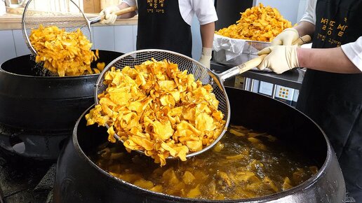 Хрустящие чипсы из сладкого картофеля, выращенного и приготовленного фермерами - уличная гастрономия в Корее!