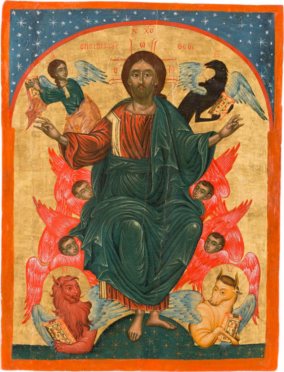 Четыре святых зверя вокруг Бога. Орел, Человек, Лев и Бык, они же четыре главные древние силы которые управляют этим миром. Старый мир управлялся правой рукой Бога, в Каббале это "Путь строгости", а Новый мир будет управляться левой рукой Бога это "Путь милосердия". 