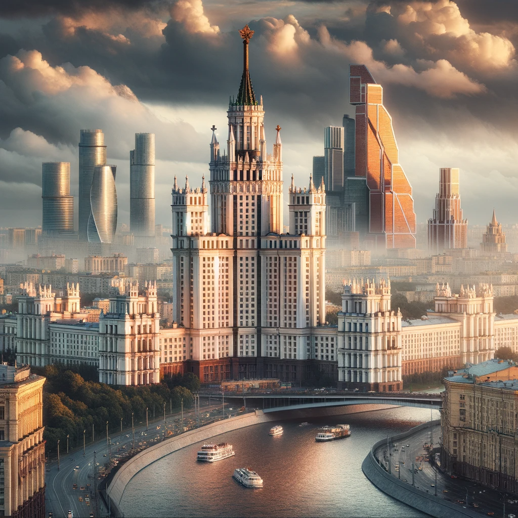 Иллюстрация демонстрирует панорамный вид Москвы с Сталинскими высотками, известными как Семь сестер, которые возвышаются величественно на фоне городского пейзажа. (Иллюстрации являются плодом фантазии и индивидуального восприятия автора и могут не точно отражать реальность.)