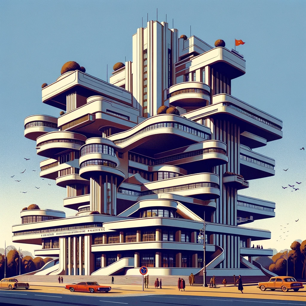 На иллюстрации представлен один из знаковых примеров советского модернизма, демонстрирующий инновационный дизайн, смелые формы и функциональную структуру. (Иллюстрации являются плодом фантазии и индивидуального восприятия автора и могут не точно отражать реальность.)