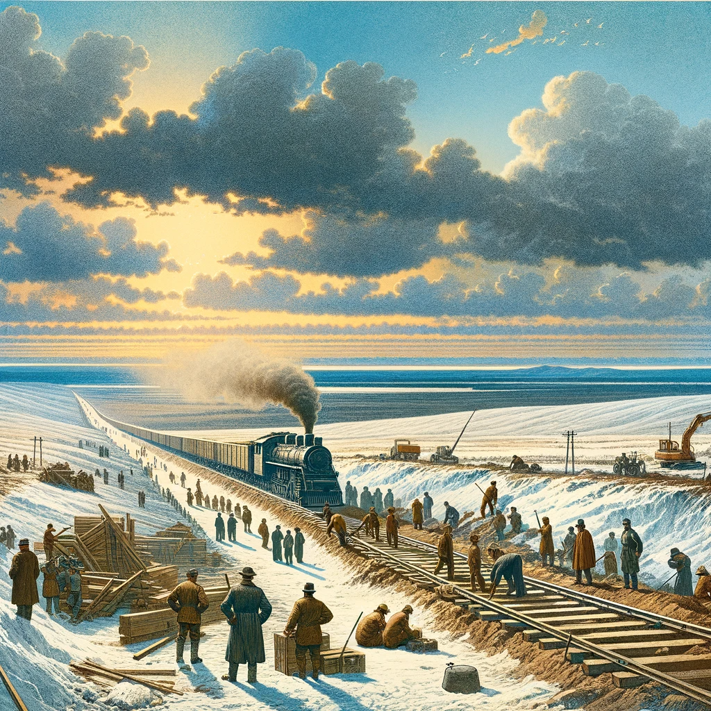 Иллюстрация показывает начальную фазу строительства Транссибирской магистрали. Рабочие заняты укладкой железнодорожных путей на фоне обширного сибирского ландшафта, что подчеркивает масштабность и трудности начального этапа проекта. (Иллюстрации являются плодом фантазии и индивидуального восприятия автора и могут не точно отражать реальность.)