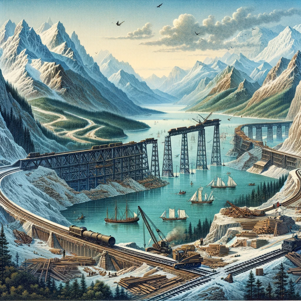 На иллюстрации изображено строительство железнодорожного моста через одну из крупных сибирских рек. Эта сцена иллюстрирует сложность задачи и инженерные решения, необходимые для преодоления естественных преград. (Иллюстрации являются плодом фантазии и индивидуального восприятия автора и могут не точно отражать реальность.)